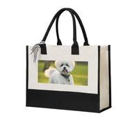 GUOLGP Bichon Frise Dog On The Grass Print Canvas Tote Bag Per Le Donne Per Spiaggia Viaggi Scuola Ufficio Uso quotidiano Shopping Bags