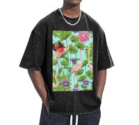 GUOLGP Flamingo Love Flowers Print Authentic Retro Look Fitness Sessions Oversize T-shirt Confortevole Leggero, Nero , L