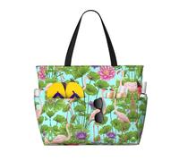 GUOLGP Flamingo Love Flowers Stampa Elegante Borsa Impermeabile Tote Multi-Tasche Pieghevole Leggero Avventure All'aperto