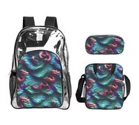 GUOLGP Zaino trasparente 3D con motivo a squame di drago magico per donne ragazze bambini adolescenti borsa trasparente da viaggio all'aperto in 3 pezzi