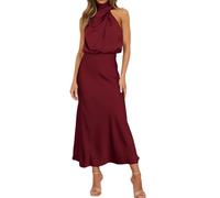 GUOLHUAJIN Women's Elegant Satin Maxi Dress Sleeveless Mock Neck Cocktail Party Dresses Formal Maxi Dress (Small,Wine Red)