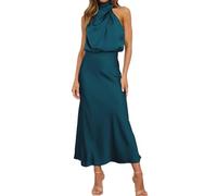 GUOLHUAJIN Women's Elegant Satin Maxi Dress Sleeveless Mock Neck Cocktail Party Dresses Formal Maxi Dress (Large,Lake Blue)