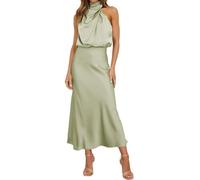 GUOLHUAJIN Women's Elegant Satin Maxi Dress Sleeveless Mock Neck Cocktail Party Dresses Formal Maxi Dress (Small,Light Green)