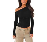 GUOLHUAJIN Womens One off Shoulder Shoulder Tops Solid Color Long Sleeve Going out Crop Basic Fit Tight Shirts (Large,Black)