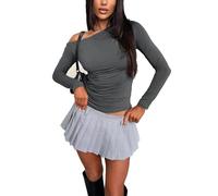 GUOLHUAJIN Womens One off Shoulder Shoulder Tops Solid Color Long Sleeve Going out Crop Basic Fit Tight Shirts (Small,Grey)