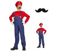 Guoml Costume super idraulico cosplay Mario travestimento Carnevale salopette maglia cappello e baffi vestito festa in maschera per bambini 4-5 anni