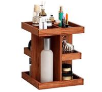 GUOXIAD Makeup Organizer Stand, 3 Tier Large Capacity Wooden Cosmetics Rack, Desktop Perfume Display Holder, Nightstand Organizer Shelf with 360° Rotate(Brown)