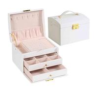 GUOXIAD PU Jewelry Box, Portable Large-Capacity Trinket Organizer, Modern Jewelry-Holder with 3 Layers, Detachable Divider Storage Case For Necklace Ring Earring Bracelet(White)