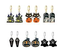 GUOXIAOMEI Set di 6 paia di orecchini a cerchio con gatto nero e pietra tombale fantasma, zucca, strega, Halloween, set di orecchini da donna, gioielli gotici spettrali, Large, Metallo, Nessuna pietra