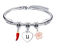 GUOYU Bracelet con Lettera Iniziale,Argento Bracelet con iniziale Nome, Regalo Donna Compleanno,Regalo Natale per Amica Collega Coppia Mamma Sorella Zia Nipote Figlia (U)