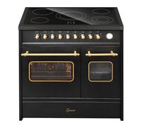 GURARI Cucina Elettrica GCH E 912 DF Cr Retro Cucina 90 cm a Libera Installazione in Nero Vintage Design con Doppio Forno e Piano Cottura in Vetroceramica a 5 Zone Hi-Light, Classe Energetica A