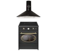 GURARI GCH E 612 BL r + GCH 046 BL 9, fornello a induzione retrò 60 cm, Range Coocker 60 l, nero + cappa aspirante, cappa da parete 90 cm, 1000 m3/h, nero, cappa di scarico/convezione dell'aria