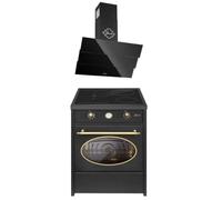 GURARI GCH E 612 BL r + GCH D 267 BL 6 Prime, fornello a induzione retrò 60 cm, Range Coocker 60 l, nero + cappa aspirante, cappa da parete 60 cm, 1000 m3/h, nero