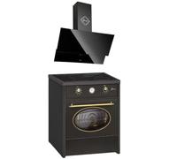 GURARI GCH E 612 BL r + GCH D 268 BL 8 Prime, fornello a induzione retrò 60 cm, Range Coocker 60 l, nero + cappa aspirante, cappa da parete 80 cm, 1000 m3/h, nero