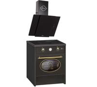 GURARI GCH E 612 BL R + GCH S 171 60 BL Prime, fornello retrò a induzione, 60 cm, Range Coocker 60 l, nero + cappa aspirante, cappa da parete, cappuccio senza testa, 60 cm, vetro nero, aria di scarico