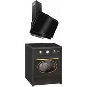 GURARI GCH E 612 BL R + GCH S 411 60 BL Prime, fornello retrò a induzione, 60 cm, Range Coocker 60 l, nero + cappa aspirante, cappa da parete, cappuccio senza testa, 60 cm, vetro nero, aria di scarico