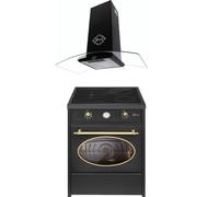 GURARI GCH E 612 BL R + GCH T 456 60 BL Prime, fornello a induzione retrò 60 cm, Range Coocker 60 l, nero + cappa aspirante, cappa da parete, 60 cm, cappa con pannello in vetro nero, aria di scarico