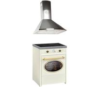 GURARI GCH E 612 Cr + GCH C 46 IS 6, fornello retrò a induzione 60 cm, Range Coocker 60 l, crema + cappa aspirante 60 cm, cappa da parete, acciaio inox/Inox, cappa di scarico/cappa di convezione, 1000