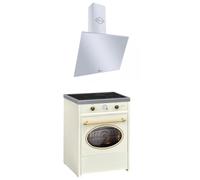GURARI GCH E 612 Cr + GCH D 286 WH 6 Prime, fornello a induzione retrò 60 cm, Range Coocker 60 l, crema + cappa aspirante, cappa da parete, cappuccio senza testa, vetro bianco, scarico/ricircolo