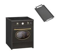 GURARI Piano cottura a induzione 60 cm GCH E 612 BL r + piastra in ghisa | Retro Range Coocker fornello a induzione con forno 60 L | aria calda | Grill | fornello a induzione in nero