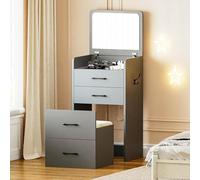 Gurexl 3 in 1 Toeletta con Specchio Pieghevole,Piccola Vanity con 4 Scomparti e Sgabello Imbottito,tavolo da toeletta per trucco ragazza,salvaspazio,per la Camera da,toeletta trucco,Grigio