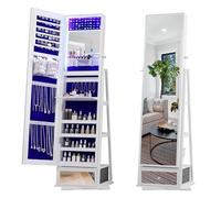 Gurexl Armadietto Portagioie con LED,Portagioie con serratura con Cornice da 61″ e Base Girevole a 360°,Mobile Portagioielli da Terra con 1 Cassetto e 3 Ripiani Aperti,per Camerino,Bianco