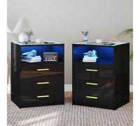 Gurexl LED 2 pezzi comodino con stazione di ricarica e tetto in vetro ，comodino camera con sensore del corpo umano e 24 RGB leggero，comodini moderni con 3 cassetti e 1 scomparto aperto, Bianco