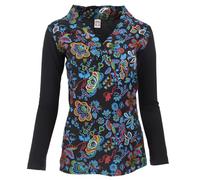 Guru-Shop, Camicia a Maniche Lunghe Ricamata con Scollo a V Flower Power Hippie Chic, Nero/colorato, Cotone, Dimensione Indumenti:M (38), Maglioni, Felpe a Maniche Lunghe