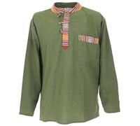 GURU SHOP, Camicia da Pescatore Etnico Nepalese, Camicia Goa, Oliva, Cotone, Dimensione Indumenti:XL, Camicie