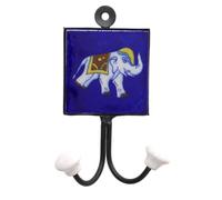 Guru-Shop Gancio da Parete Doppio, Appendiabiti con Piastrelle di Ceramica Fatte a Mano - Modello 2, Blu, 15x10x5,5 cm, Ganci da Parete in Legno, Metallo Ceramica