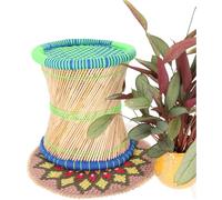 Guru-Shop Grande Sgabello Indiano di Vimini, Sgabello di Bambù, Pouf di Seduta, Contenitore di Vimini - Verde/colorato, 38x40x40 cm, Mobili da Seduta