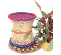 GURU SHOP Grande sgabello indiano in bambù, pouf, cestino portaoggetti - blu/rosso, multicolore, 38 x 40 x 40 cm, mobili da seduta