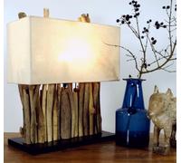 GURU SHOP Lampada da Tavolo Okawango, Fatta a Mano a Bali con Materiale Naturale, Legno di Deriva, Cotone - Modello Okawango, Driftwood, 40x35x16 cm, Lampade da Tavolo in Materiali Naturali