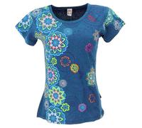 GURU SHOP Maglietta Boho con ricamo, stampa cotone con fiori, da donna, in cotone, Blu, 42