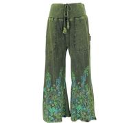 GURU SHOP Palazzo, pantaloni in cotone, pantaloni hippy con fiori, pantaloni a zampa, da donna, in cotone, abbigliamento alternativo, verde, 50