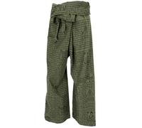 GURU SHOP Pantaloni da pescatore thai con stampa mantra in cotone intrecciato, pantaloni da yoga, da uomo/donna, verde, taglia: unica, verde oliva, Taglia unica