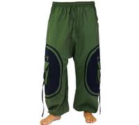 Guru-Shop, Pantaloni Goa, Pantaloni da Yoga da Uomo, Comodi Pantaloni Casual, Oliva/nero, Cotone, Dimensione Indumenti:S / M (50), Pantaloni