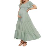guruixu Abito prémaman in Tessuto Swiss DOT a Pois, con Scollo a V, Maniche a Volant, per Servizi fotografici, Baby Shower, Abito da Gravidanza, a Balze, con Punto Smock, Verde Chiaro, M
