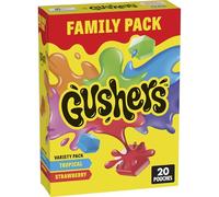 Gushers Confezione famiglia di snack aromatizzati alla frutta, aromi tropicali e fragole, snack gommosi per bambini senza glutine, Centro succoso scoppio, fonte di vitamina C, confezionato