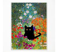 Gustav Klimt, poster artistico da parete con gatto nero e fiori da giardino, divertente stampa floreale di gatto, estetico astratto colorato, per camera da letto, bagno, 60 x 90 cm, senza cornice