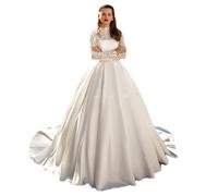 GUSUDRESS Abito da Sposa a Maniche Lunghe in Raso di Pizzo con Collo Alto e Linea a Trapezio. Bordino in Vita