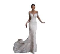 GUSUDRESS Abito da Sposa a Sirena in Pizzo Trasparente a Maniche Lunghe con Scollo a V. Strascico