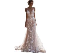 GUSUDRESS Abito da Sposa Abito a Coda di Pesce in Pizzo Tridimensionale con Scollo a V Profondo e Spalline Sottili