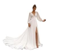 GUSUDRESS Abito da Sposa con Abito Strascico a Trapezio in Chiffon a Maniche Lunghe Scollo a V Profondo