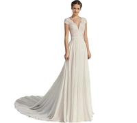 GUSUDRESS Abito da Sposa con Scollo a V in Chiffon di Pizzo Maniche ad Aletta e Linea a Trapezio