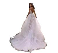 GUSUDRESS Abito da Sposa con Spalline Sottili e Scollo a V in Pizzo a Rete, Coda arricciata Linea ad A