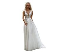 GUSUDRESS Abito da Sposa in Pizzo Senza Maniche con Profondo Scollo a V e Coda Trasparenti