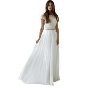 GUSUDRESS Abito da Sposa Lungo con Maniche ad Aletta in Chiffon di Pizzo a Doppio Strato