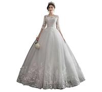 GUSUDRESS Bride's Floor-Length Wedding Dress, One-Shoulder, Slim-Fitting, Mid-Sleeve Lace
