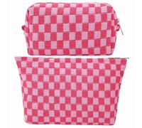 GUTGNK Borsa per il trucco a scacchi da donna - Borsa per cosmetici rosa da viaggio Borsa da toilette in tela di grande capacità Borsa portaoggetti dal design estetico carino, Rosa